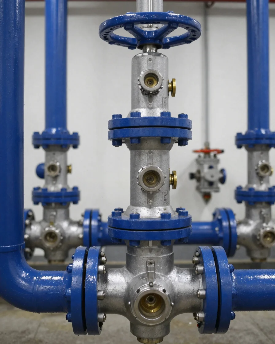 Modern technical valve installation in an industrial boiler room, sharp focus, clean lighting, 50mm