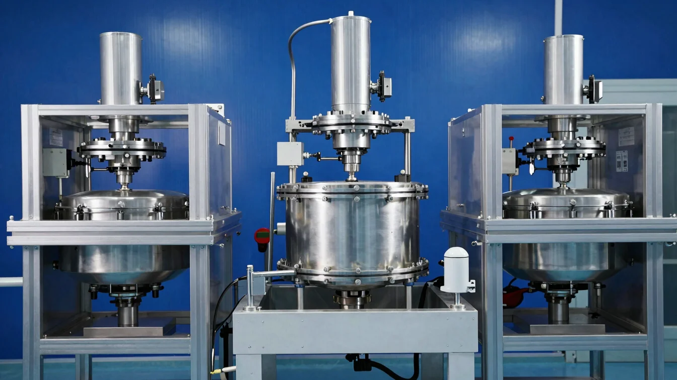 High-precision water treatment units in a clean facility, structured industrial lighting