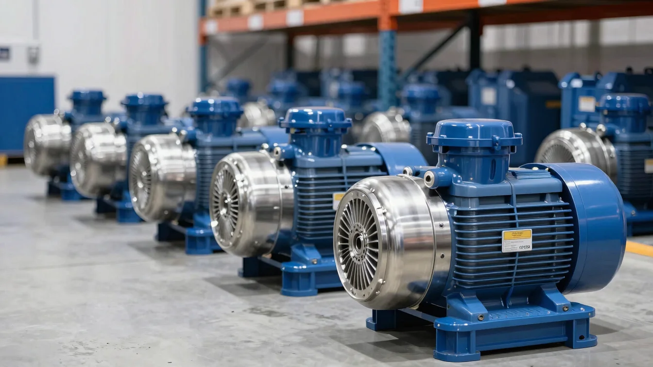 Stainless steel circulation pumps lined up in a warehouse, clean Scandinavian style