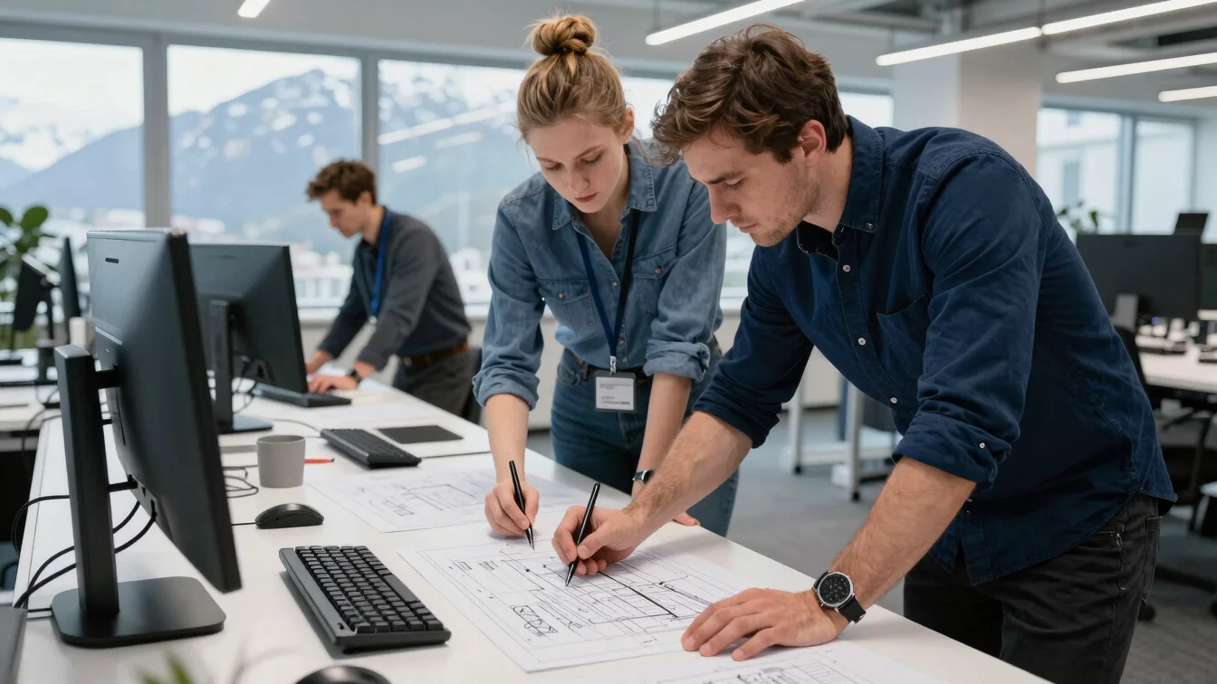 Engineers collaborating over technical drawings in a bright Norwegian office