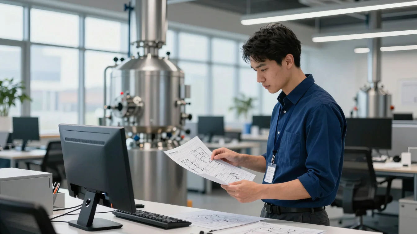 Professional industrial sales engineer reviewing technical schematics in a modern office, bright Nordic daylight, crisp