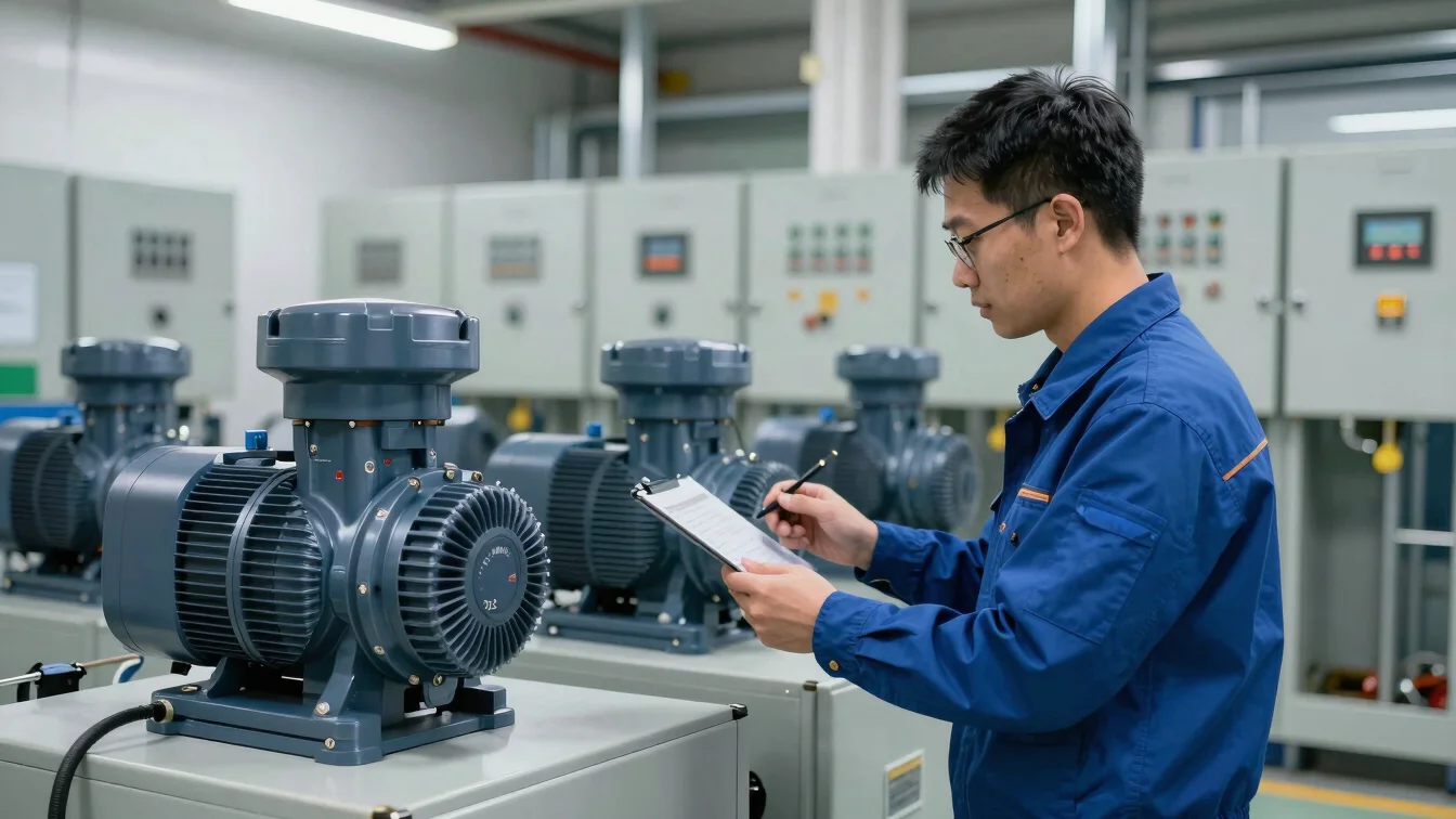 HVAC engineer examining frequency-controlled pump units and control panels in a technical facility, crisp industrial lig