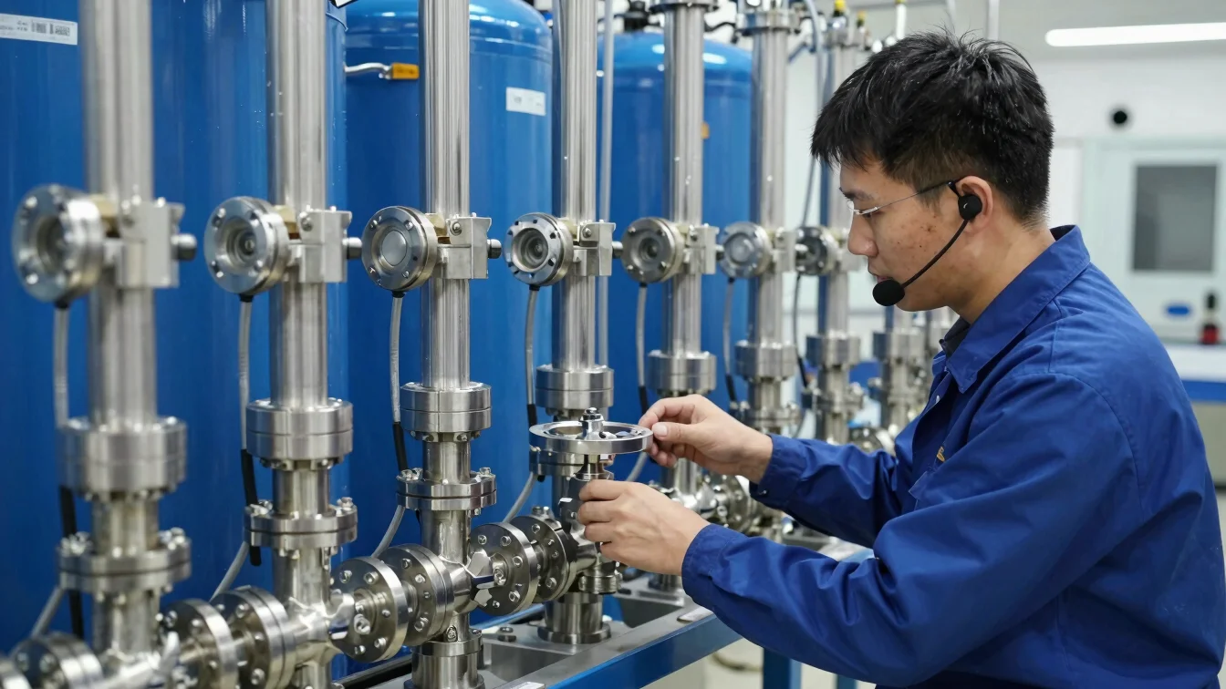 Technical support specialist working with water treatment hardware and stainless steel valves, clean industrial setting.